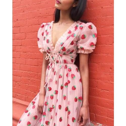 MomoQ 2021 Women Summer Sexy V-necked waist slim dress with strawberry hot short-sleeved party MIDI skirt net dress