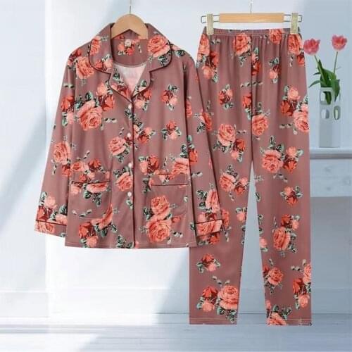 Pajamas Set Women Pyjama Print Female Flower Sleepwear Warm Sexy Homewear Long Shirt Pants 2 Piece/Set Fashion Mom Pjs