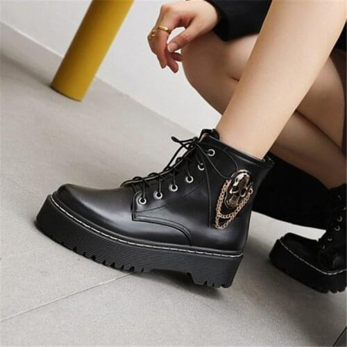 PXELENA Cool Street Metal Chain Skull Punk Goth Platform Ankle Boots Women 2020 Winter Lace Up Military Motorcycle Combat Boots