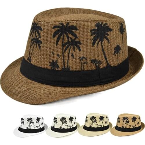 Coconut tree Beach Sun Hat Men Summer 2021 short brim Fedoras Panama Straw Jazz Hat Women Sunhat chapeau paille