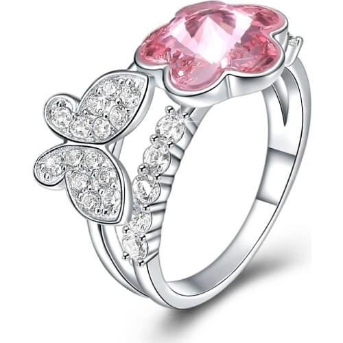 SILVERHOO 925 Sterling Silver Womens Romantic Rings Butterfly Shape Pink Austria Crystal Ring Engagement Fine Jewelry Hot Sale