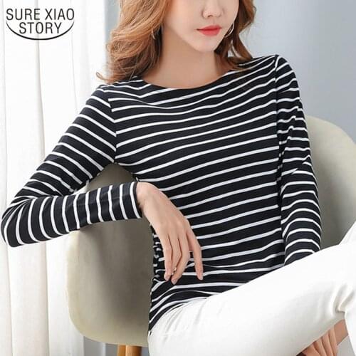 Plus Size O-neck Long Sleeve Shirt Women 2021 Autumn Casual Striped Tshirt Cotton Woman Slim 5XL Korean T-shirts for Woman 8810