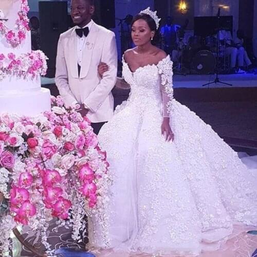 African Wedding Dresses Long Sleeve Off Shoulder Sweep Train Beads Wedding Dress Lace 3D Floral Appliqued Country Bridal Gowns
