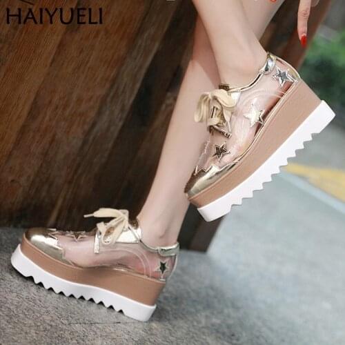 Women Shoes High Heel Gold Platform Heels Womens Lace Up Transparent Shoes Casual Creepers Wedges Shoes For Women Silver Shoes