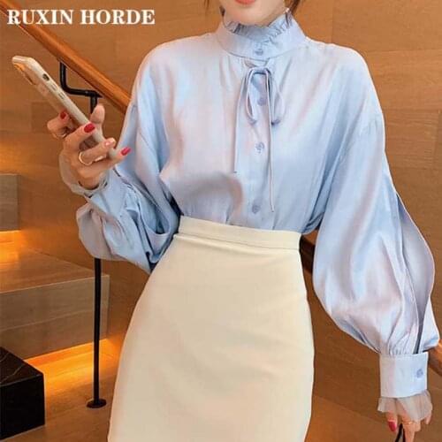 Oversize Double Sleeve Shirt Long Lantern Sleevees Lace Patchwork 2021 Spring Fall Korean Style Female Turtle Neck Pure Color