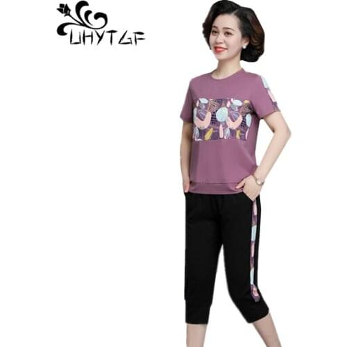 UHYTGF Women Summer Suit Middle-Aged Mother Tracksuit Running Travel Two-Piece Set T-Shirt Top Casual 4XL Plus Size Clothes 2138