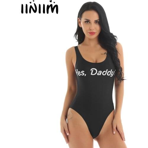 Women Fashion One Piece Beachwear Yes Daddy Letter Print Deep-U Neck Low Back Wide Shoulder Straps High Cut Bathing Swimsuits