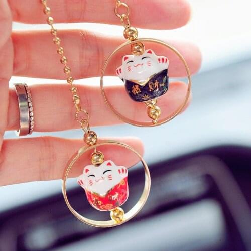 Car Pendant Maneki Neko Car Rearview Mirror Decoration Ceramics Alloy Hanging Ornament Automobile Dashboard Accessories Gift