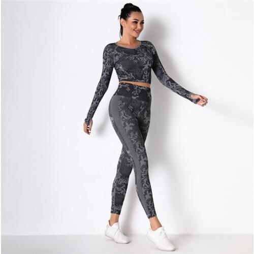 Seamless Women Pants Sets For Sports Fitness Shirts Long Sleeve Camouflage Slim Leggings Suits Gym Clothes Casual Yoga Suits