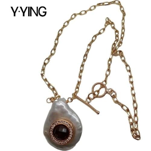 Y·YING natural Cultured White Coin freshwater Pearl Cz Pave Labradorite Charm Chain Necklace 18" punk style for women