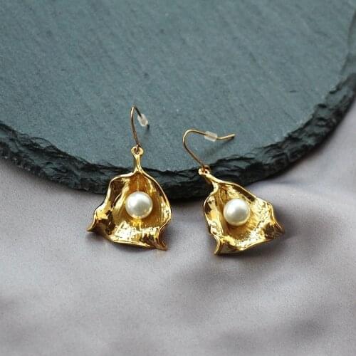 Women bling gold plated grain aritificial pearl leaf earrings drop earrings hook jewelry