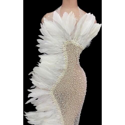 Elegant White Feathers Rhinestone Wedding Party Dress Women Sexy Perspective Crystal Dress Birthday Prom Long Dress Stage Wear