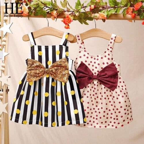 HE Hello Enjoy Summer Dress Girl Toddler Baby Kids Girl Sleeveless Strap Dot Print Bow Princess Dresses Printed Girls Clothing
