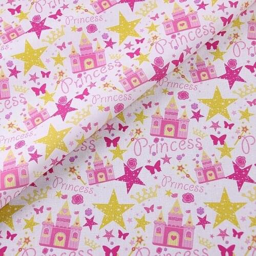 Cartoon Princess Castle Crown Stars Print 100% Cotton Fabric for Girl Clothes Bedding Set Hometextile Cushion Cover Backpack DIY