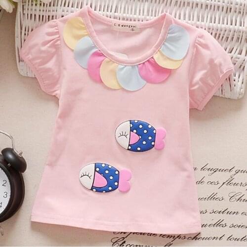 Baby girl summer color fish cute patch cotton t-shirt kids casual puff sleeve top tees