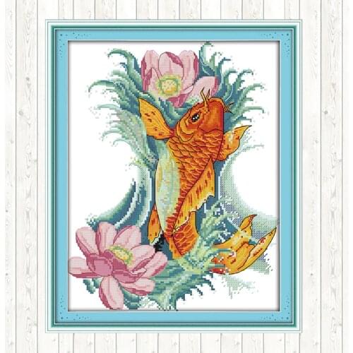 Carp and Flowers Cross Stitch Kits Embroidery Chinese Style 14CT Cross Stitch Printed Canvas DIY Handmade Needlework Sets Crafts