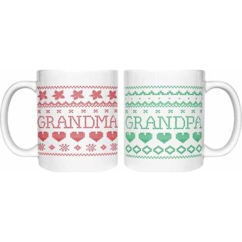 Grandma & Grandpa Matching Ugly Christmas Coffee Mugs Set Gift for Grandparents Mug White 11 Oz