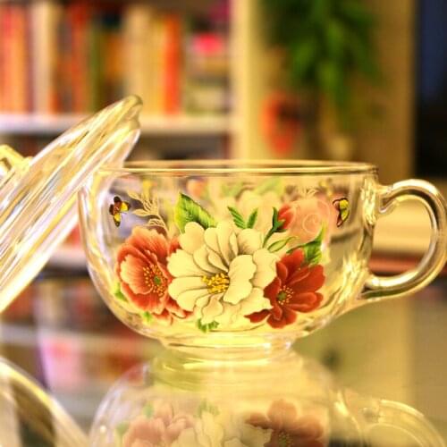 Morning glory pattern transparent thickened Large-capacity glass cold water with lid cup breakfast cup juice milk cup 600ML