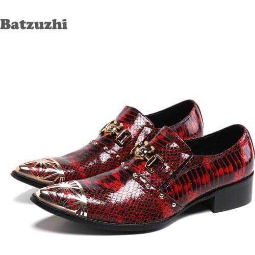 Batzuzhi Luxury Mens Shoes Pointed Metal Cap Fashion Red Genuine Leather Dress Shoes Men forBusiness Party and Wedding, 38-46