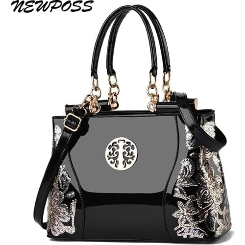 Newposs Embroidery Handbag Women Evening Bags Patent Leather Shoulder Bag Female Crossbody Bag Floral Handbag Casual Tote Bags