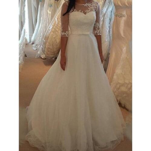 Vintage Wedding Dress Bateau Neck Half Sleeves Bride Dresses Bowknot Lace Appliques Sweep Train Bridal Gowns Vestido De Noiva