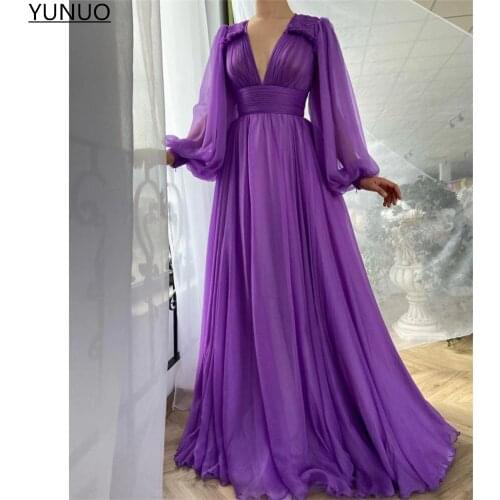 YUNUO Deep V Neck Prom Evening Dresses 2021 Sexy Chiffon A-line Long Sleeves robe de soirée Formal Party Dress вечерние платья