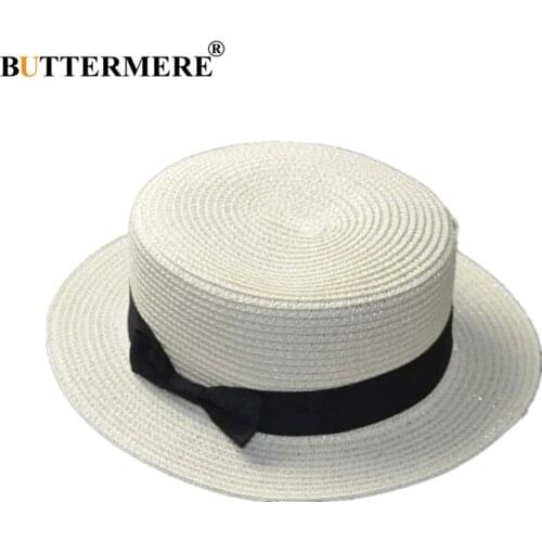 BUTTERMERE Women Boater Hat Summer Straw Sun Hat White Beige Coffee Khaki Bow Classic Vintage Beach Hat Sun Protection Cap