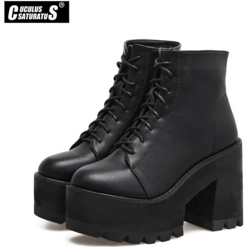 Cuculus lace up Boots 2021 Thick Heel Ankle Boots Women High Heels Autumn Winter Woman Shoes black boots platform shoes 2000