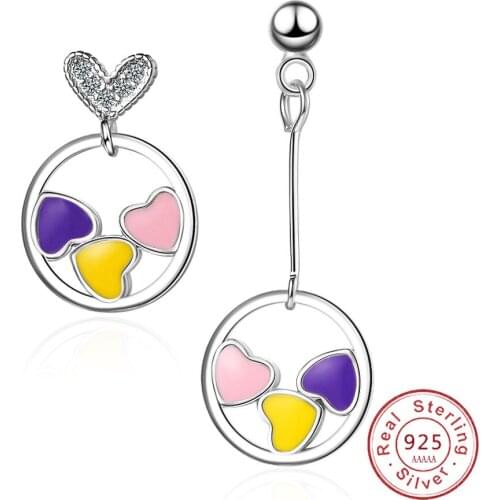 Genuine Silver Color Loved Heart Stud Earrings For Women S Silver Earring With Charms For Cute Charm Asymmetry Jewelry