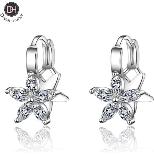 Dreamhonor 925 Sterling Silver Crystal Flower Clip Earrings For Women Small Hoop Smile Girl Gift Zircon Earrings Jewelry
