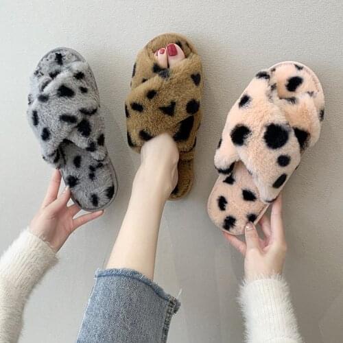 Autumn And Winter New Wool Slippers Womens Korean Fashion Leopard Cross Open Toe Word Warm Flat Cotton Slippers