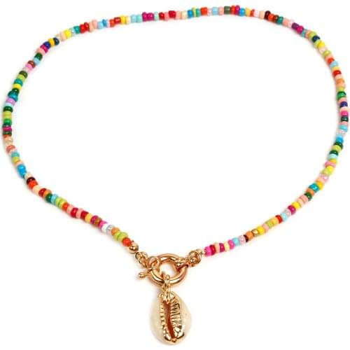 Colorful Rice Beads Beaded Necklace for Women Rudder Buckle Shell Pendant Necklaces Female Clavicle Chain Short 2021 Fashion New