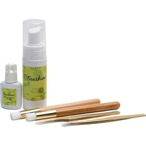 Seashine Best Quality Gold Tweezers 1 Bottles Lash Foma Cleanser Sticker Logo 5ml Lash Glue Makeup Tools Brushes Free Shipping