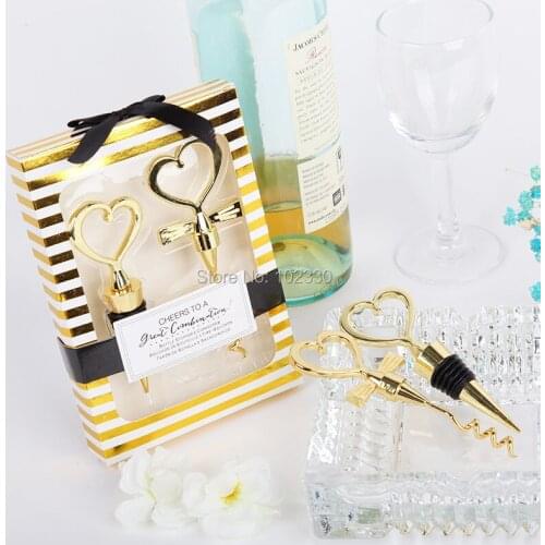 200pcs=100Sets/lot Wedding Favors Gifts Gold Born of a couple Wine opener to a Great Combination Heart Shaped Corkscrew S201755