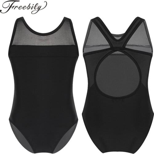 Teen Girls Sleeveless Mesh Splice Ballet Leotards Dance Costume Cutouts Back Kids Gymnastics Leotard Jumpsuit Child Dance Wear