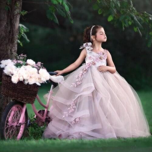 Girls Flower Appliques Ball Gown Baby Kids Clothes Elegant Party Wedding Costumes Children Clothing
