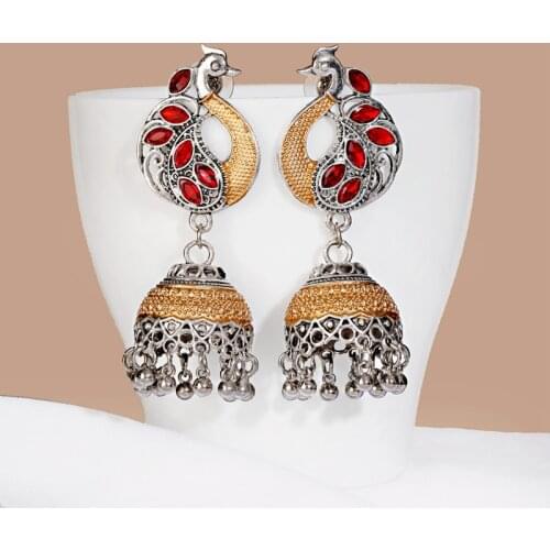 Ethnic Womens Red Beads Peacock Indian Jewelry Gypsy Vintage Tribe Gold Alloy Pink Jhumka Earrings Fashion Jewelry