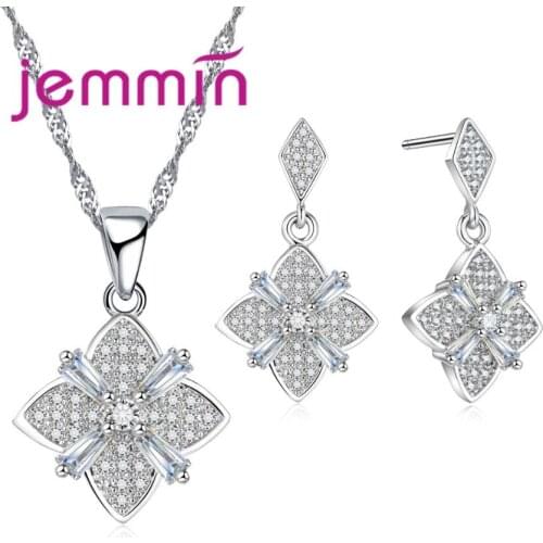 Fine 925 Sterling Silver Jewelry Women CZ Crystal Pendant Necklace Drop Earrings Set For Engagement Party Bijoux Bague