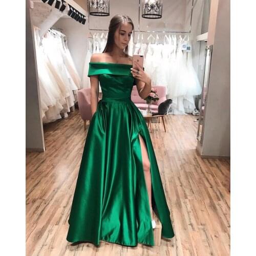 Exquisite Green Prom Dresses A-line Off-the-shoulser Bateau Sleeveless Side Splite Satin With Pockets Long Party Dresses