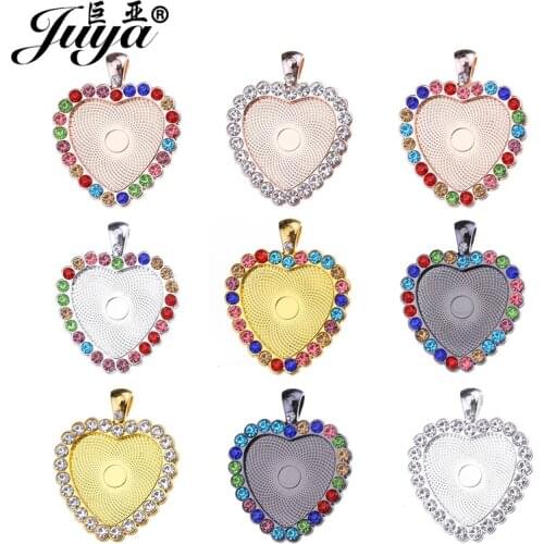 JUYA Heart Cabochon Charms Pendant Tray with Rhinestone for Necklace Handmake Accessories 25mm 3pcs Pendants Base Cameo Setting