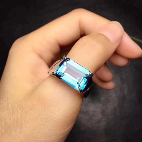 Gorgeous big size 10*14mm Natural blue topaz gem Ring S925 Silver Natural Gemstone Ring women men gift Jewelry