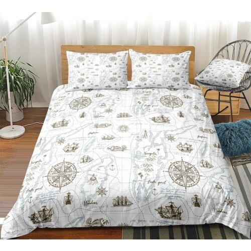 3pcs Map Bedding Set Compass Quilt Cover Queen White bedclothes Vintage Style Home Textiles Boat Duvet Cover Ocean Bed Set Teens