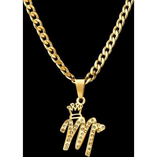 Custom Crystal One Letter Necklaces with Crown Butterfly Stainless Steel Personalized Zircon Pendant Cuban Chain For Women Gift