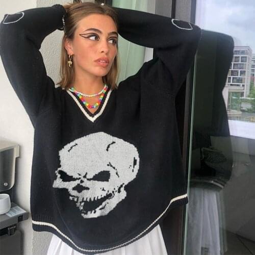Y2K Fashion Sweaters Harajuku White Skull Print Pullovers V Neck Long Sleeve Loose Oversized Sweater Winter Casual Knitted Coats