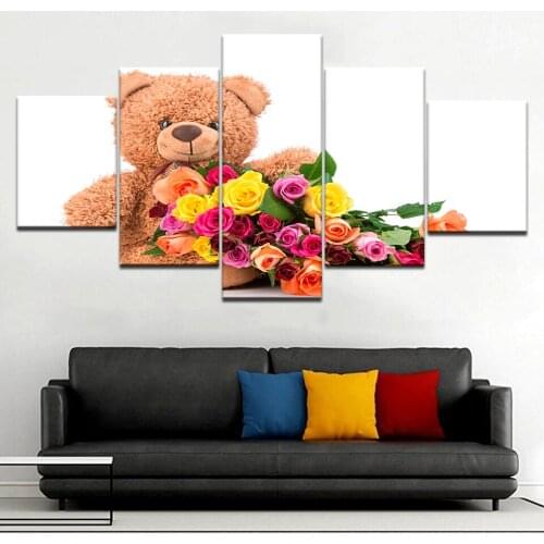 HD Prints Modular Rose flower Canvas Home Decor Pictures Frame Wall Art Poster 5 Pieces Teddy bear doll Painting Childrens room