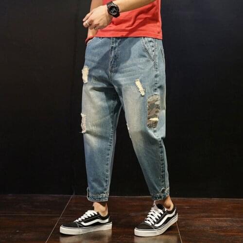 Mens Jeans Summer Thin Large Size Loose Straight Nine-point Pants Ripped Camouflage Long Pants Men Jeans