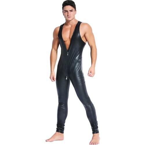 Men Sleeveless Leather Catsuit Bodysuit Black Red Shiny Two Ways Zipper Erotic Bodysuits Zentai Body Wear One Piece Jumpsuit XXL