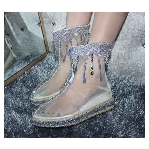 Original transparent pointed toe tassel net boots inner high back zipper transparent short boots summer net boots