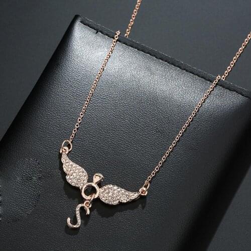 Rhinestone Inlaid Letter S Angel Wing Pendant Chain Necklace Women Jewelry Necklace Women Angel Wing Pendant Angel Charm Gifts W
