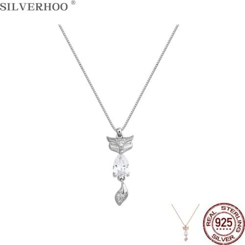 SILVERHOO 925 Sterling Silver Cute Fox Animal Pendant Necklaces For Women Water Drop Cubic Zirconia Necklace Charms Fine Jewelry